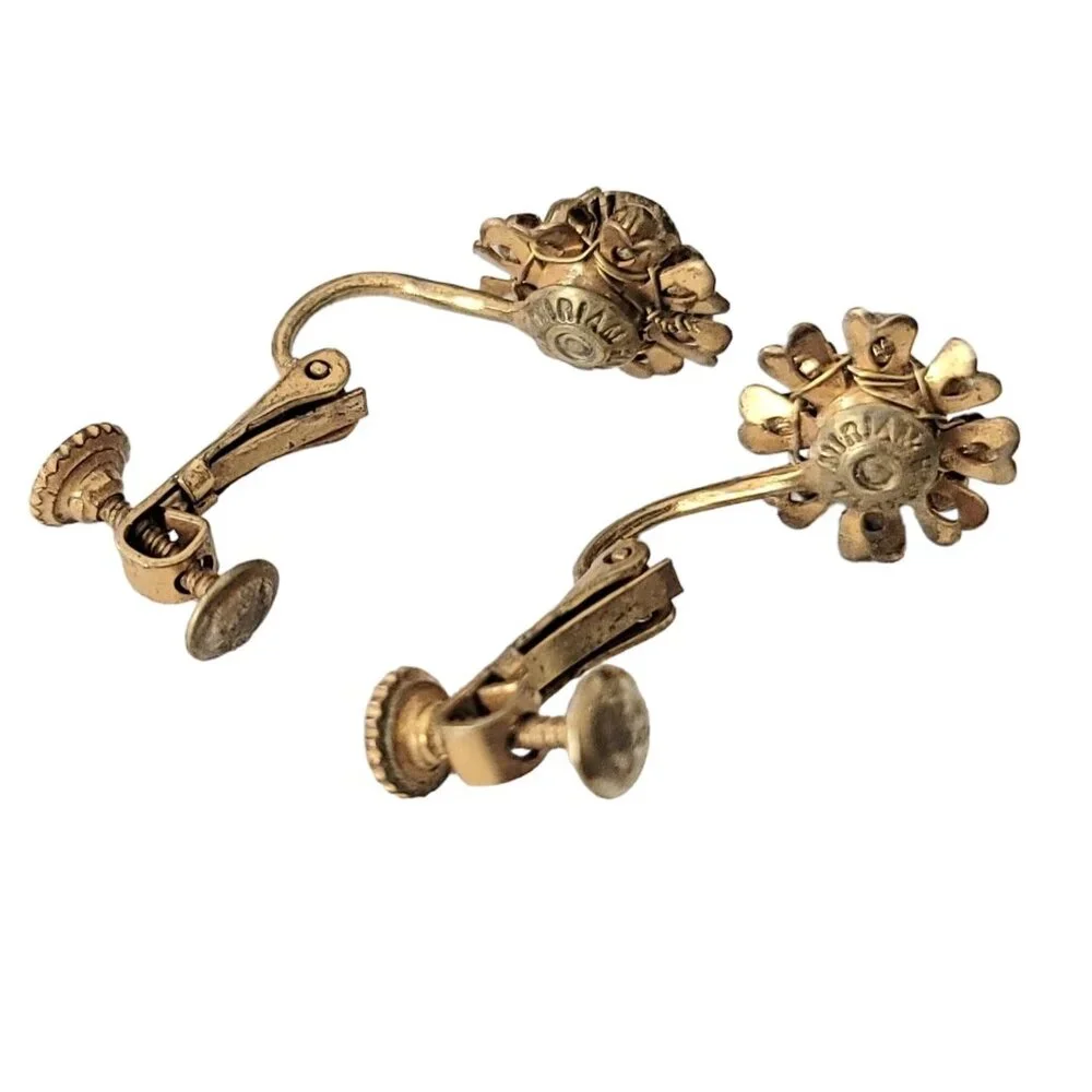 Miriam Haskell Rose Gold Tone Screw Back Hinge Clip-On Earrings, Signed M108 - Picture 4 of 8